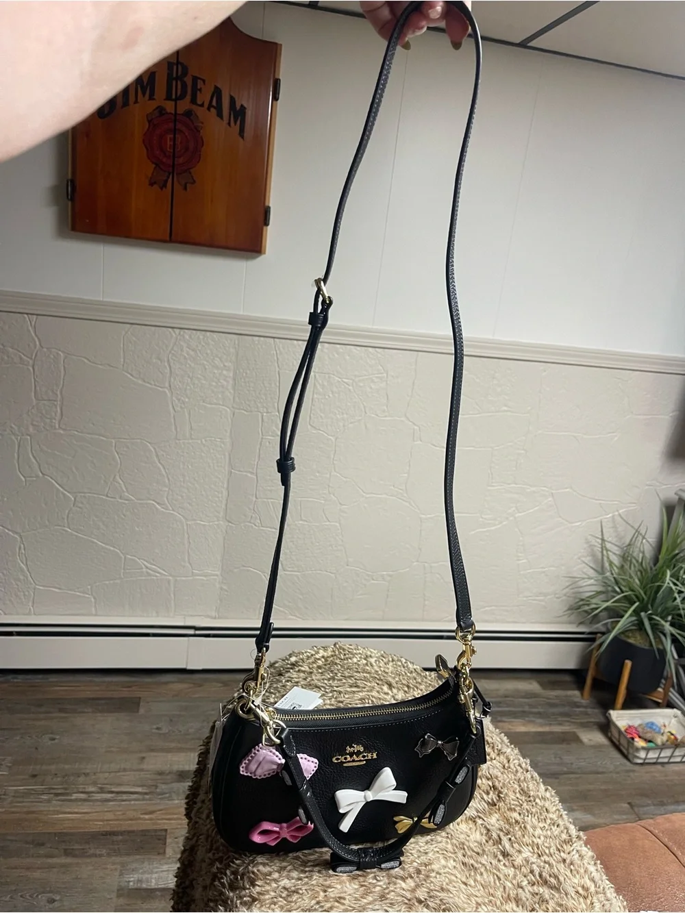 Coach Black Pebbled Leather Tag Charm with Gold-Tone Accent